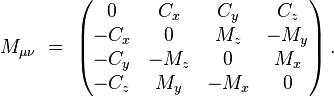 ~M_{{\mu \nu }}\ =\ \left({\begin{matrix}0&C_{x}&C_{y}&C_{z}\\-C_{x}&0&M_{z}&-M_{y}\\-C_{y}&-M_{z}&0&M_{x}\\-C_{z}&M_{y}&-M_{x}&0\end{matrix}}\right).