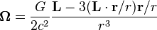 ~{\mathbf  {\Omega }}={\frac  {G}{2c^{2}}}{\frac  {{\mathbf  {L}}-3({\mathbf  {L}}\cdot {\mathbf  {r}}/r){\mathbf  {r}}/r}{r^{3}}}