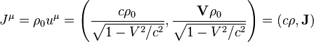 J^{\mu }=\rho _{{0}}u^{\mu }=\left({\frac  {c\rho _{{0}}}{{\sqrt  {1-V^{2}/c^{2}}}}},{\frac  {{\mathbf  {V}}\rho _{{0}}}{{\sqrt  {1-V^{2}/c^{2}}}}}\right)=(c\rho ,{\mathbf  {J}})