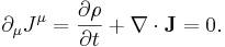 ~\partial_{\mu} J^\mu = \frac {\partial \rho } {\partial t}+ \nabla \cdot \mathbf{J} =0.