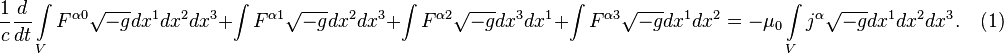 ~{\frac {1}{c}}{\frac {d}{dt}}\int \limits _{V}{F^{{\alpha 0}}{\sqrt {-g}}dx^{1}dx^{2}dx^{3}}+\int {F^{{\alpha 1}}{\sqrt {-g}}dx^{2}dx^{3}}+\int {F^{{\alpha 2}}{\sqrt {-g}}dx^{3}dx^{1}}+\int {F^{{\alpha 3}}{\sqrt {-g}}dx^{1}dx^{2}}=-\mu _{0}\int \limits _{V}{j^{\alpha }{\sqrt {-g}}dx^{1}dx^{2}dx^{3}}.\quad (1)