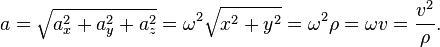 ~a={\sqrt  {a_{x}^{2}+a_{y}^{2}+a_{z}^{2}}}=\omega ^{2}{\sqrt  {x^{2}+y^{2}}}=\omega ^{2}\rho =\omega v={\frac  {v^{2}}{\rho }}.