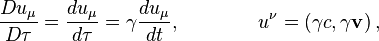 ~{\frac  {Du_{\mu }}{D\tau }}={\frac  {du_{\mu }}{d\tau }}=\gamma {\frac  {du_{\mu }}{dt}},\qquad \qquad u^{\nu }=\left(\gamma c,\gamma {\mathbf  {v}}\right),