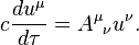 ~c{\frac  {du^{\mu }}{d\tau }}={A^{\mu }}_{\nu }u^{\nu }.