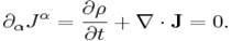 ~\partial _{{\alpha }}J^{\alpha }={\frac  {\partial \rho }{\partial t}}+\nabla \cdot {\mathbf  {J}}=0.