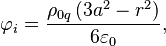 ~\varphi _{i}={\frac  {\rho _{{0q}}\left(3a^{2}-r^{2}\right)}{6\varepsilon _{0}}},