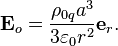 ~{\mathbf  E}_{o}={\frac  {\rho _{{0q}}a^{3}}{3\varepsilon _{0}r^{2}}}{\mathbf  e}_{r}.