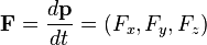~{\mathbf  F}={\frac  {d{\mathbf  p}}{dt}}=(F_{x},F_{y},F_{z})