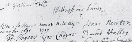 P8: Подписи Галлея, Гюйгенса и Ньютона на рукописи Фатио 