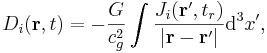 ~ D_i (\mathbf{r}, t) = -\frac{ G }{c^2_g} \int \frac{J_i ( \mathbf{r}^\prime, t_r)}{ \left| \mathbf{r} - \mathbf{r}^\prime \right|} \mathrm{d}^3 x^\prime ,