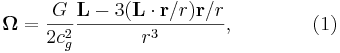 ~\mathbf{\Omega } = \frac{G}{2 c^2_{g}} \frac{\mathbf{L} - 3(\mathbf{L} \cdot \mathbf{r}/r) \mathbf{r}/r}{r^3} , \qquad\qquad (1)