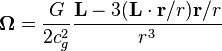 ~\mathbf{\Omega } = \frac{G}{2 c^2_{g}} \frac{\mathbf{L} - 3(\mathbf{L} \cdot \mathbf{r}/r) \mathbf{r}/r}{r^3}