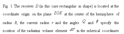 Надпись: Fig. 1. The receiver D (in this case rectangular in shape) is located at the coordinate origin on the plane   at the center of the hemisphere of radius R, the current radius r and the angles   and   specify the position of the radiating volume element   in the spherical coordinate system.