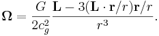 ~ \mathbf{\Omega}= \frac{ G }{2 c^2_{g}} \frac{ \mathbf{L}- 3 (\mathbf{L} \cdot \mathbf{r} /r) \mathbf{r} /r}{r^3}.