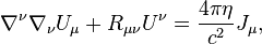 Описание: ~\nabla ^{\nu }\nabla _{\nu }U_{\mu }+R_{{\mu \nu }}U^{\nu }={\frac  {4\pi \eta }{c^{2}}}J_{\mu },