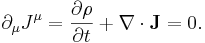 ~\partial_{\mu} J^\mu = \frac {\partial \rho } {\partial t}+ \nabla \cdot \mathbf{J} =0.